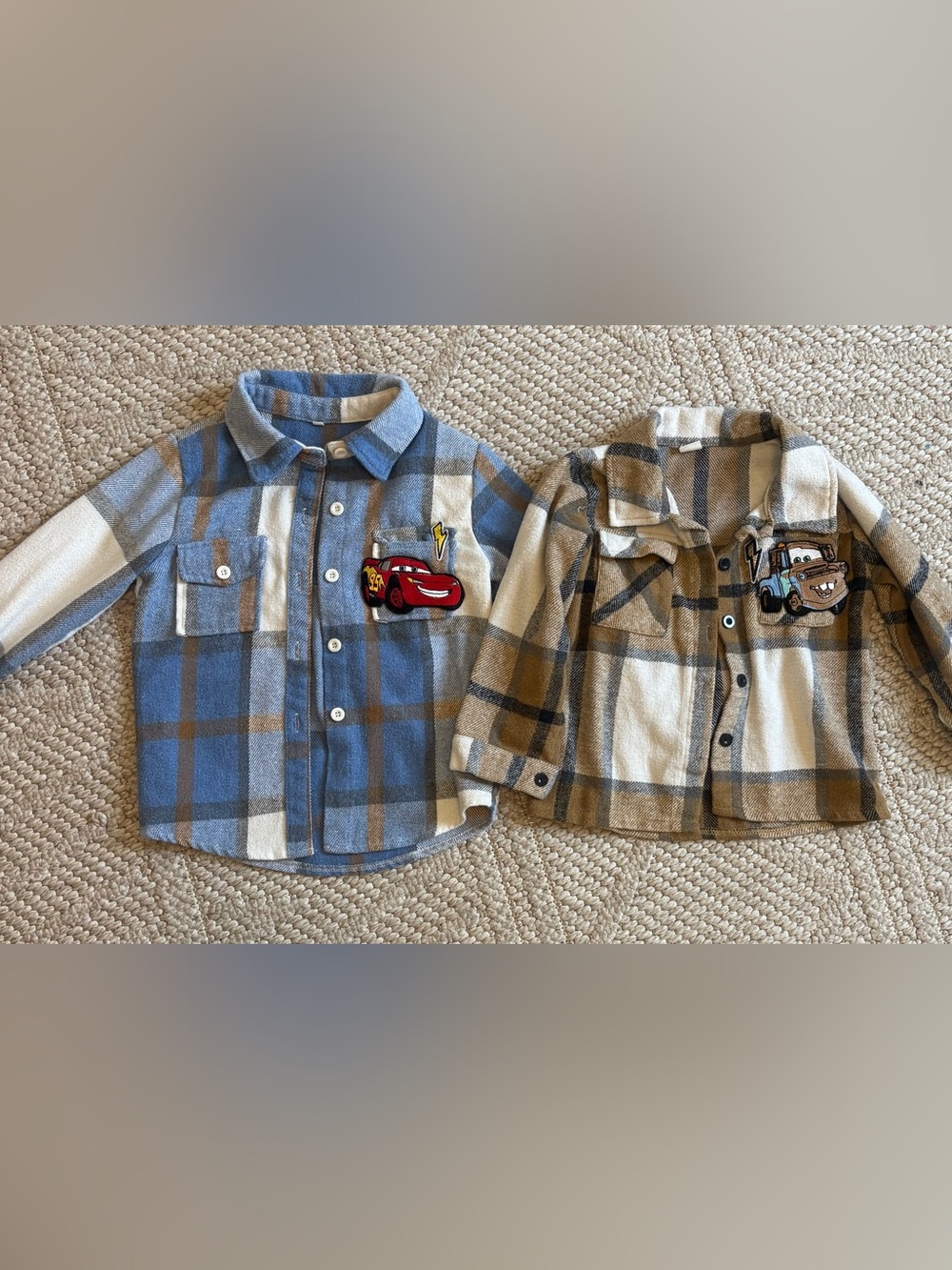 Custom sibling Lighting McQueen and Mater flannels 4t and 2t